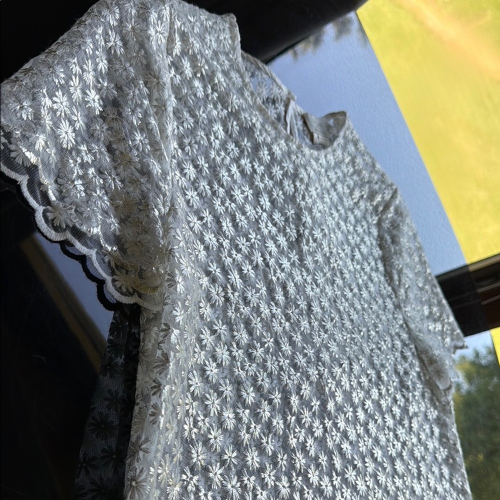Kate Spade Delicate Shimmery Silver and White Embroidered Floral Lace Top